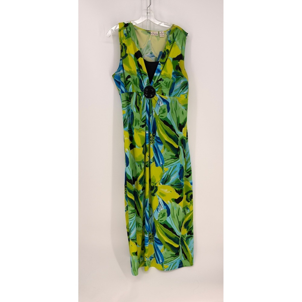 Kim Rogers Maxi Dress Womens 2X Green Blue Floral Beaded Tropical Boho Summer